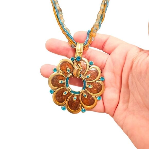 Vintage Flower Turquoise Rhinestone Multi-strand Statement Necklace - Picture 1 of 9